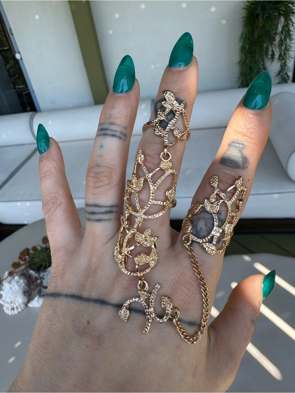 Gold Leaf Hand Chain Double Ring